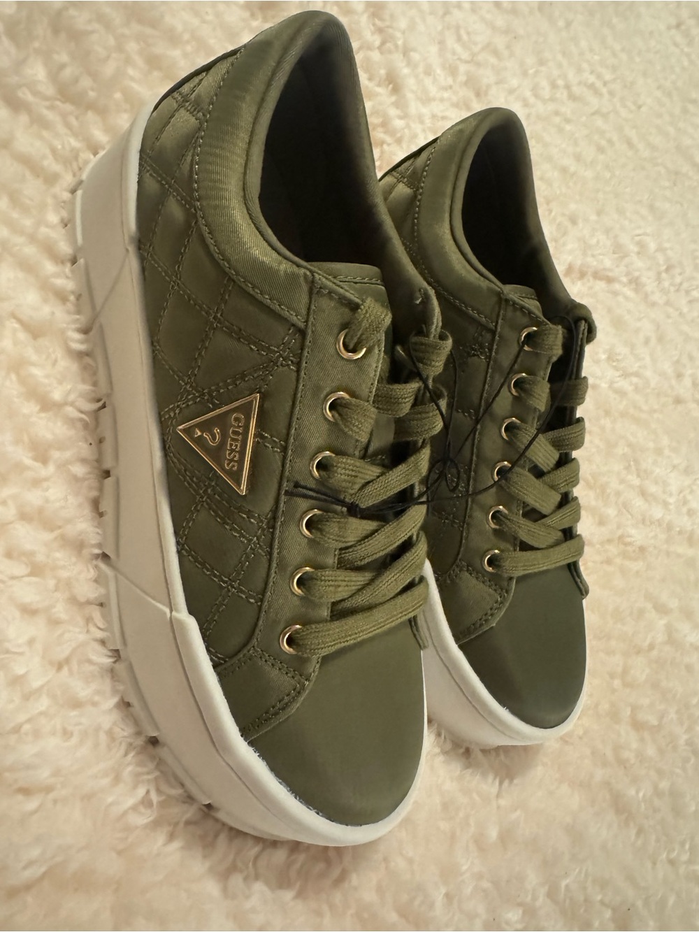 Guess Olive Green Quilted Lace-Up Sneakers with White Platform